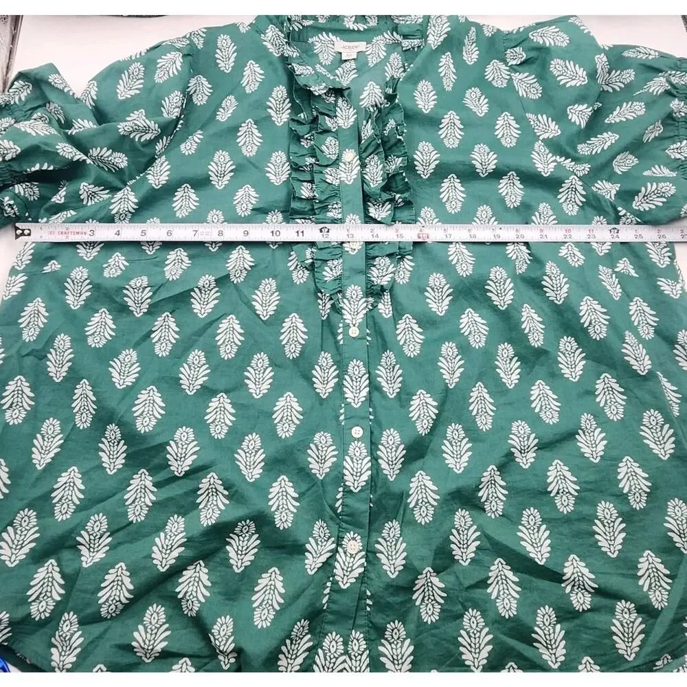 J Crew Ruffle Collar Blouse Top Green 3 Button 100% Cotton Womens Plus Size 3XL